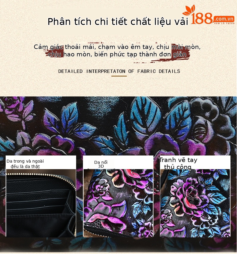 Ví nữ da thật phong cách retro, khóa kéo thủ công nhiều ngăn thẻ, sức chứa lớn 20×10.5 cm — Màu tím chi tiết 2