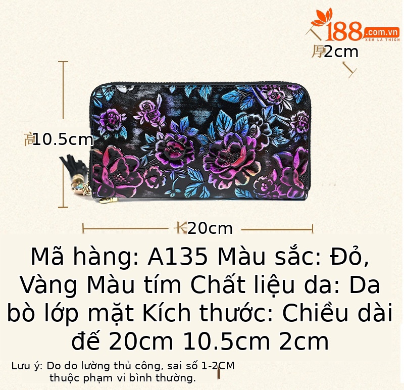 Ví nữ da thật phong cách retro, khóa kéo thủ công nhiều ngăn thẻ, sức chứa lớn 20×10.5 cm — Màu tím chi tiết 3