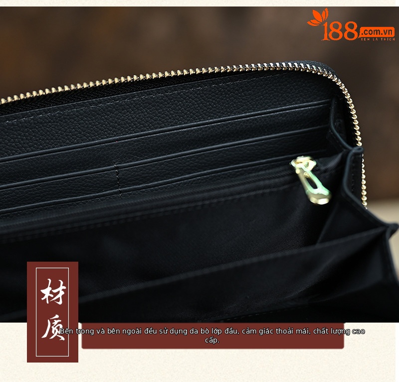 Ví nữ da thật phong cách retro, khóa kéo thủ công nhiều ngăn thẻ, sức chứa lớn 20×10.5 cm — Màu tím chi tiết 8