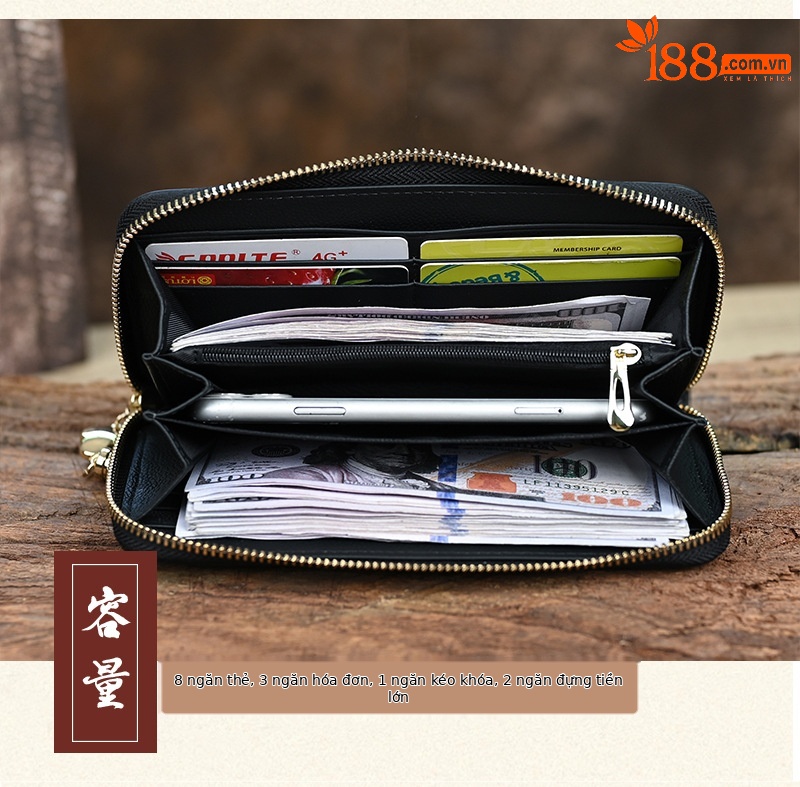 Ví nữ da thật phong cách retro, khóa kéo thủ công nhiều ngăn thẻ, sức chứa lớn 20×10.5 cm — Màu tím chi tiết 9