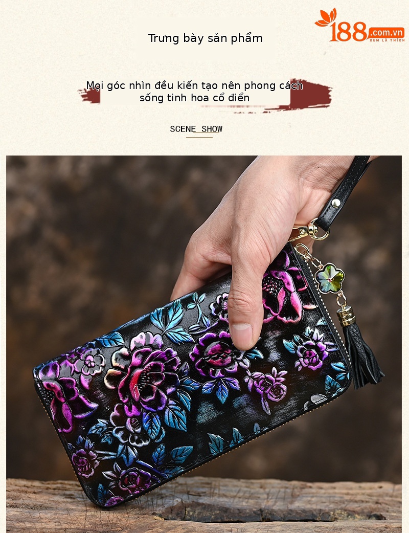 Ví nữ da thật phong cách retro, khóa kéo thủ công nhiều ngăn thẻ, sức chứa lớn 20×10.5 cm — Màu tím chi tiết 11