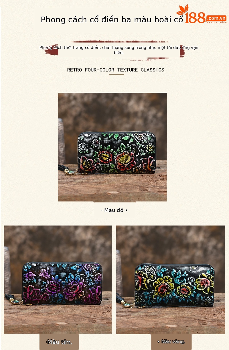 Ví nữ da thật phong cách retro, khóa kéo thủ công nhiều ngăn thẻ, sức chứa lớn 20×10.5 cm — Màu tím chi tiết 4