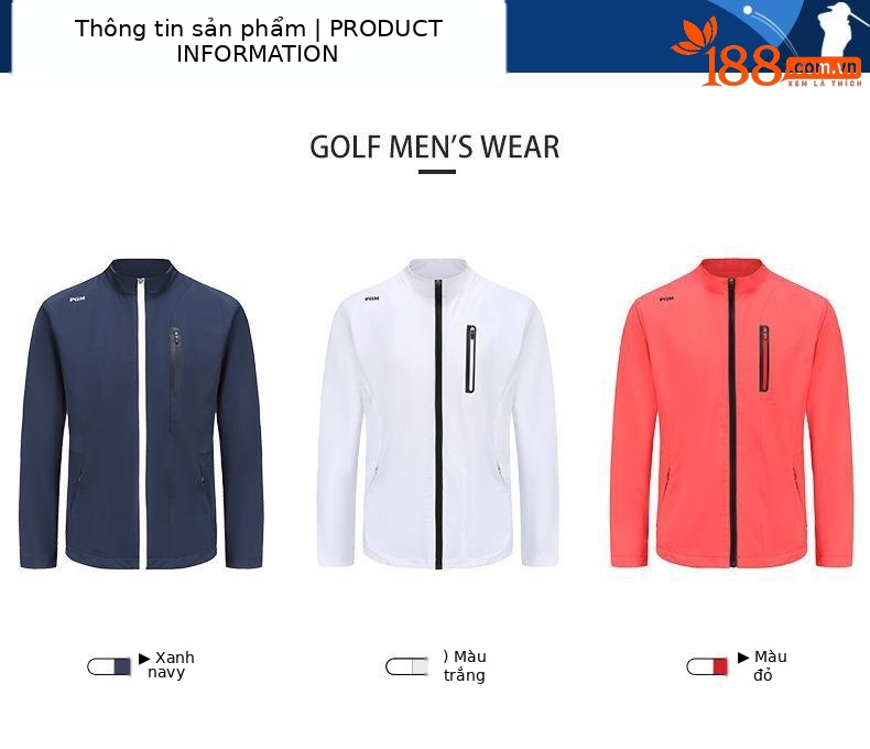 Áo khoác chống gió nam dài tay PGM Golf – thiết kế cổ đứng, nhẹ thoải mái — YF376 Áo khoác nam dài tay màu xanh nước biển, YF376 Áo khoác nam dài tay màu trắng, YF387 Áo khoác dây kéo dài tay nam màu trắng, YF376 Áo khoác nam dài tay màu đỏ chi tiết 3