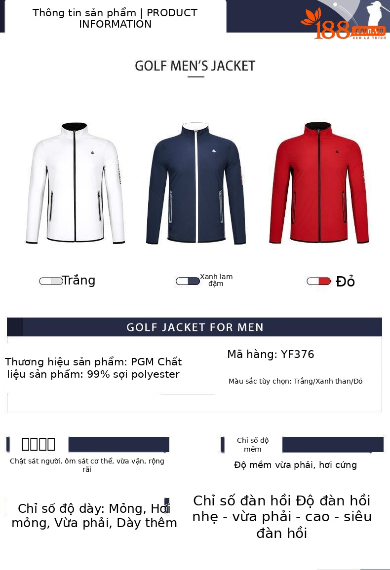Áo khoác chống gió nam dài tay PGM Golf – thiết kế cổ đứng, nhẹ thoải mái — YF376 Áo khoác nam dài tay màu xanh nước biển, YF376 Áo khoác nam dài tay màu trắng, YF387 Áo khoác dây kéo dài tay nam màu trắng, YF376 Áo khoác nam dài tay màu đỏ chi tiết 22