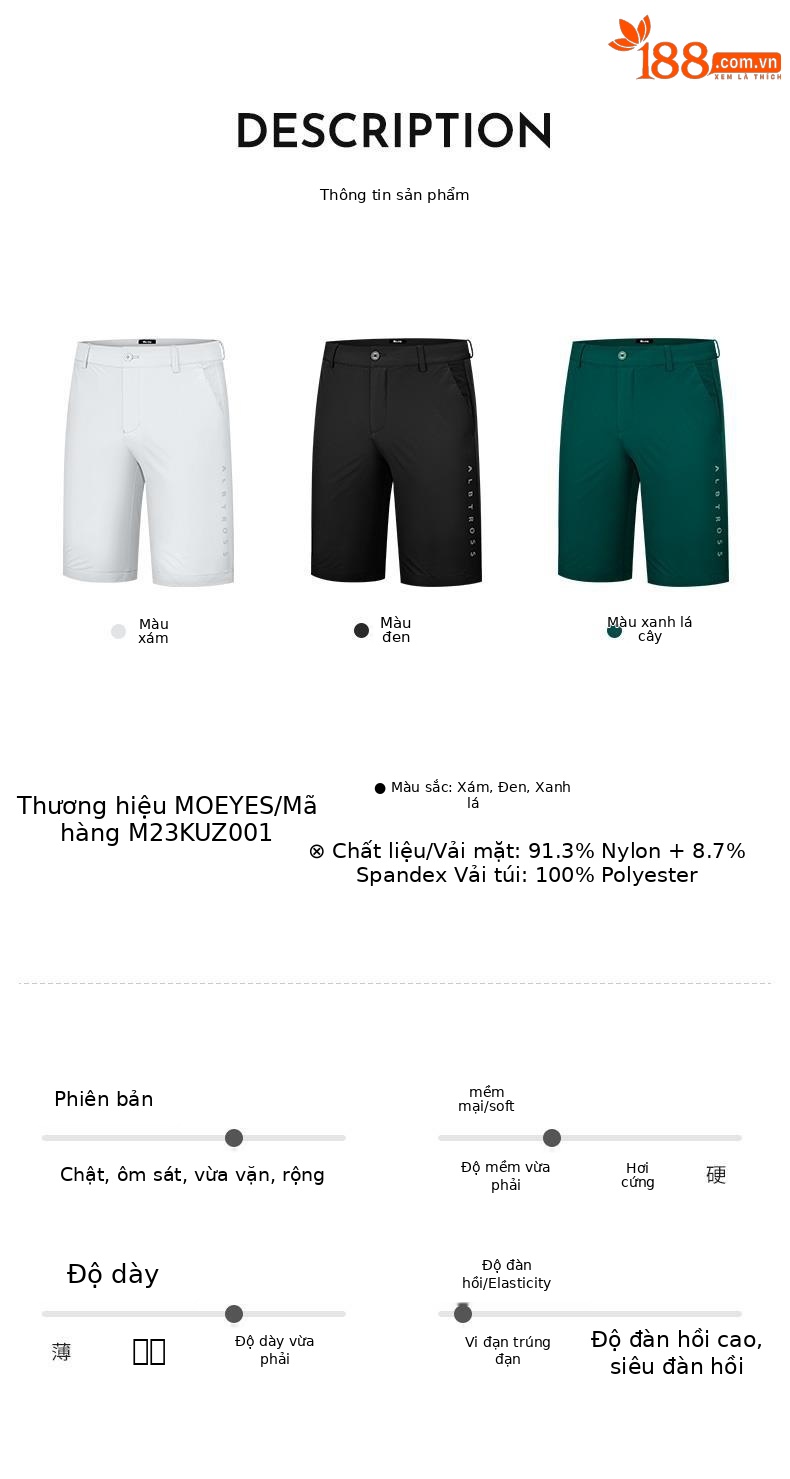 Quần short golf nam Moeyes Magic Eye co giãn thoáng khí — M23KUZ001-Quần short màu xám, M23KUZ001-Quần short màu xanh lá cây, M23KUZ001-Quần short đen chi tiết 4