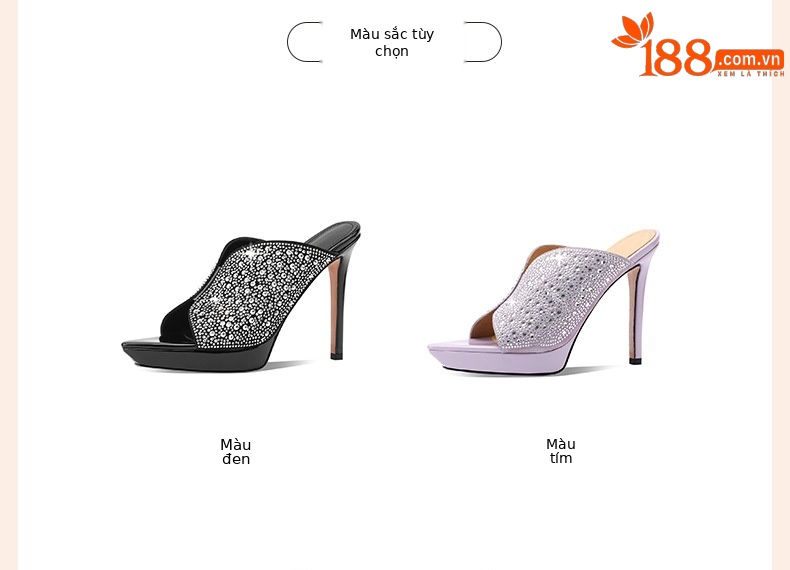 Sandal cao gót nữ mũi nhọn hở mũi đính đá, quai ngang, đế platform, gót 9 cm — Màu đen da cừu lộn chi tiết 2