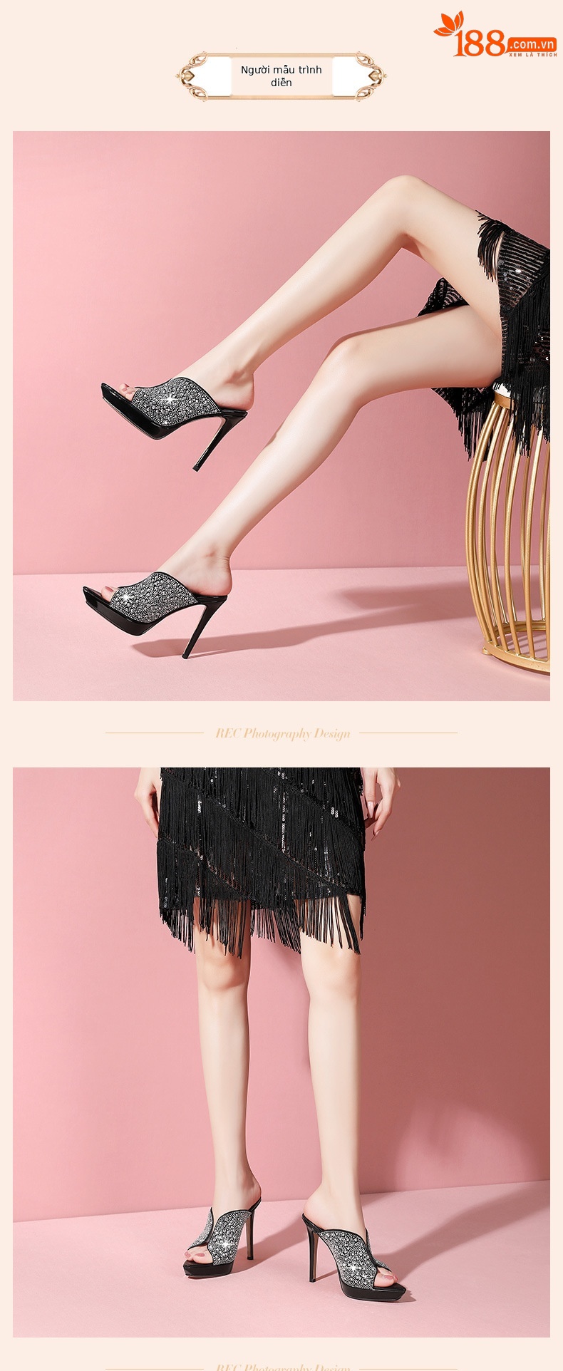 Sandal cao gót nữ mũi nhọn hở mũi đính đá, quai ngang, đế platform, gót 9 cm — Màu đen da cừu lộn chi tiết 8