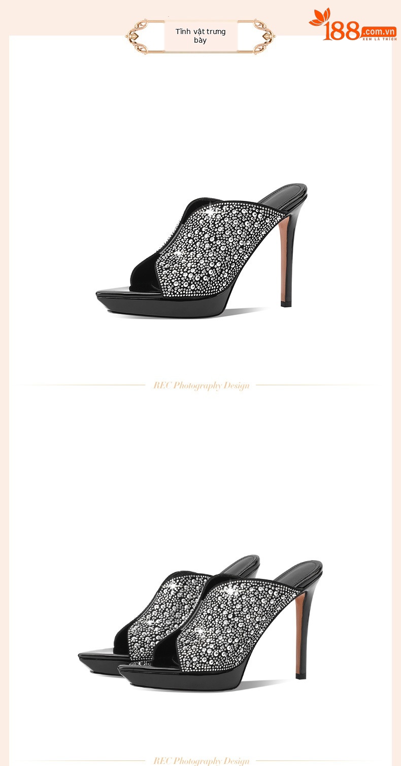Sandal cao gót nữ mũi nhọn hở mũi đính đá, quai ngang, đế platform, gót 9 cm — Màu đen da cừu lộn chi tiết 12