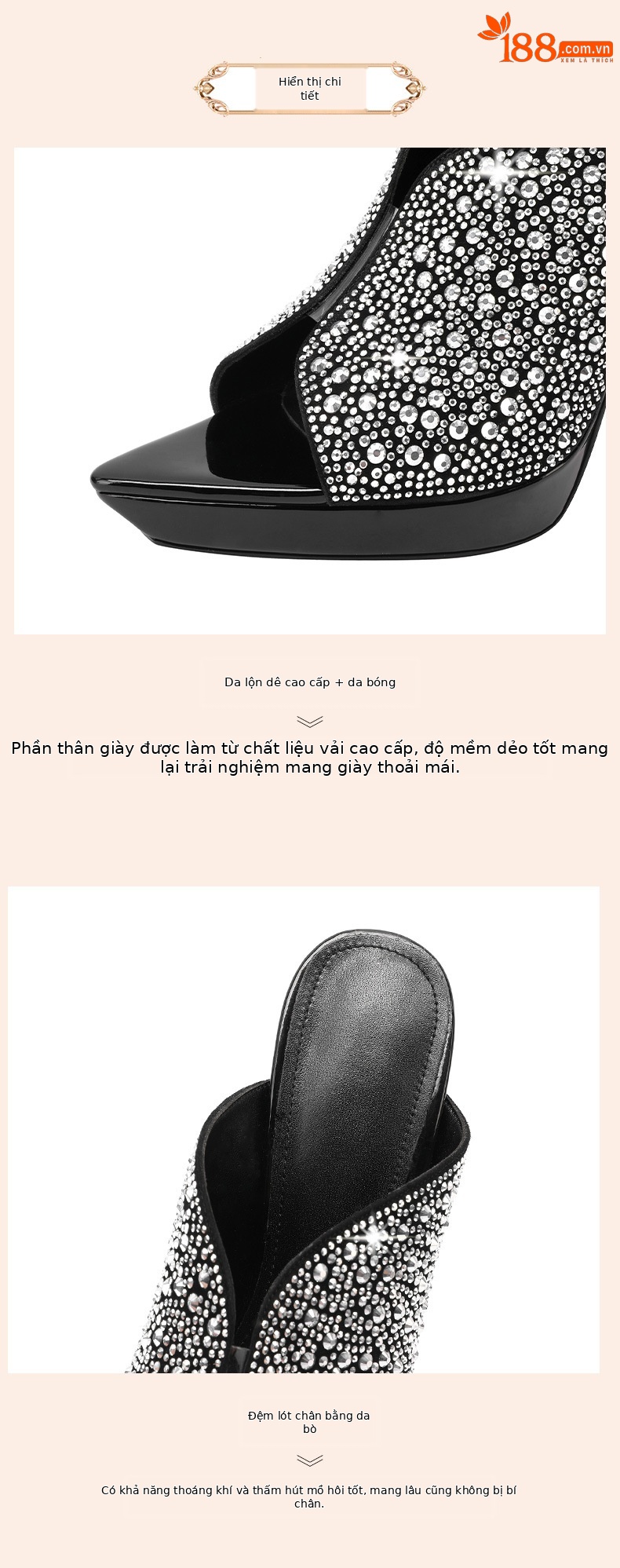 Sandal cao gót nữ mũi nhọn hở mũi đính đá, quai ngang, đế platform, gót 9 cm — Màu đen da cừu lộn chi tiết 3