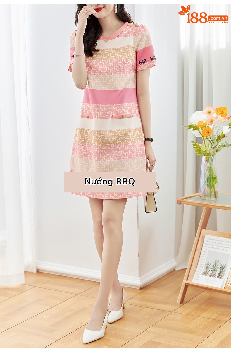 Đầm nữ chữ A in họa tiết xe ngựa, thiết kế ôm eo thon gọn — Màu xanh lam chi tiết 12