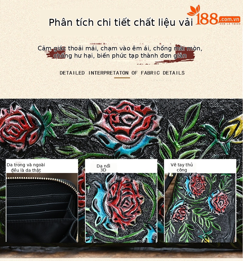 Ví da cầm tay phong cách Trung Hoa cổ điển họa tiết hoa — Đỏ cổ điển chi tiết 2