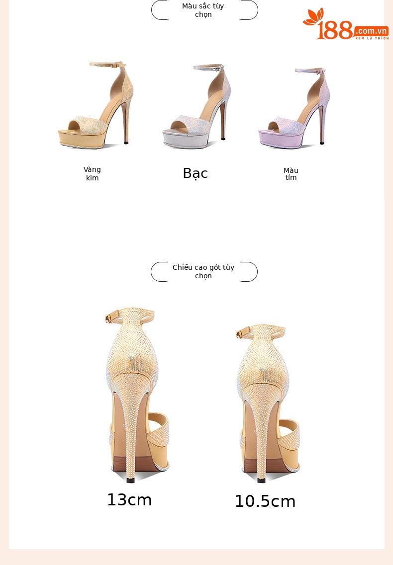 Sandal cao gót nữ da thật một dây đính đá, mũi nhọn hở mũi, gót 10 cm — Màu tím (Chiều cao gót 10 cm) chi tiết 2