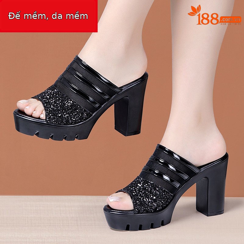 Sandal cao gót nữ mũi hở đế xuồng 10 cm, quai ngang da mềm lưới thoáng — Đỏ 10cm, Màu đen 10cm, Màu trắng 10cm