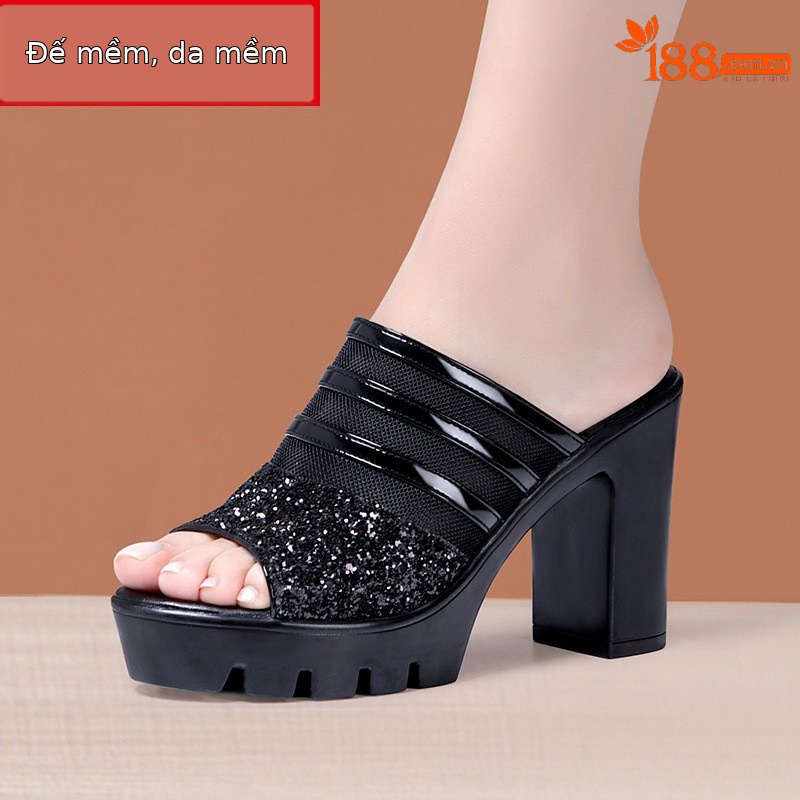 Sandal cao gót nữ mũi hở đế xuồng 10 cm, quai ngang da mềm lưới thoáng — Đỏ 10cm, Màu đen 10cm, Màu trắng 10cm