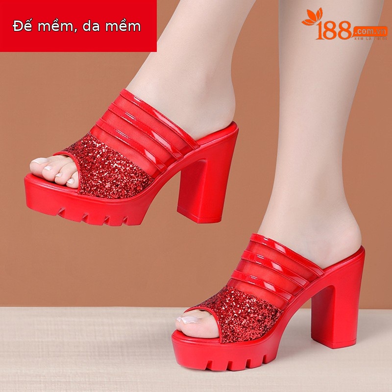 Sandal cao gót nữ mũi hở đế xuồng 10 cm, quai ngang da mềm lưới thoáng — Đỏ 10cm, Màu đen 10cm, Màu trắng 10cm