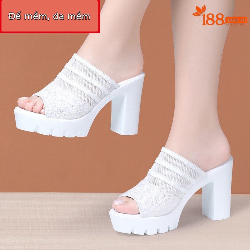 Sandal cao gót nữ mũi hở đế xuồng 10 cm, quai ngang da mềm lưới thoáng — Đỏ 10cm, Màu đen 10cm, Màu trắng 10cm
