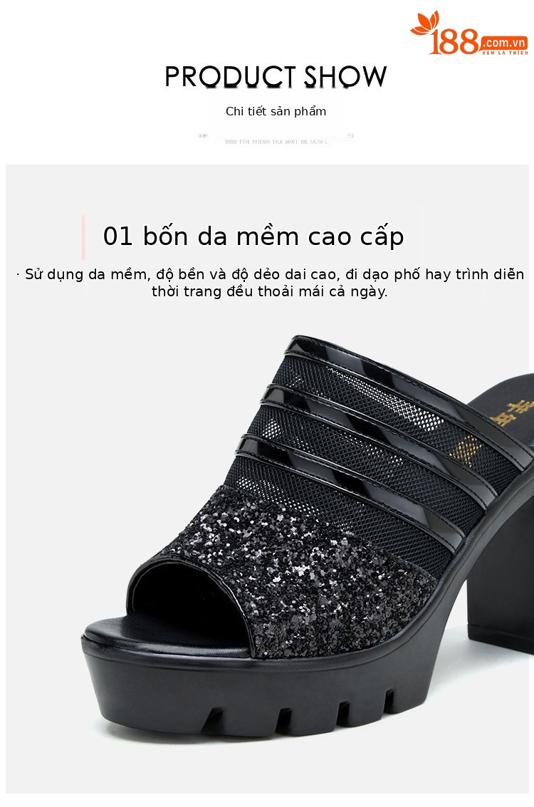 Sandal cao gót nữ mũi hở đế xuồng 10 cm, quai ngang da mềm lưới thoáng — Đỏ 10cm, Màu đen 10cm, Màu trắng 10cm chi tiết 6