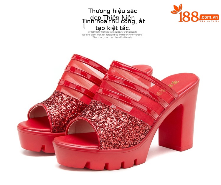 Sandal cao gót nữ mũi hở đế xuồng 10 cm, quai ngang da mềm lưới thoáng — Đỏ 10cm, Màu đen 10cm, Màu trắng 10cm chi tiết 15