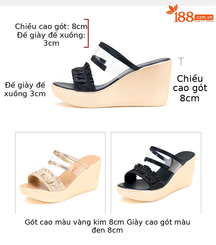 Dép sandal nữ đế xuồng cao trong suốt, mũi hở, gót 8 cm, đế dày, size lớn — Màu đen 8cm, Màu vàng 8cm chi tiết 5