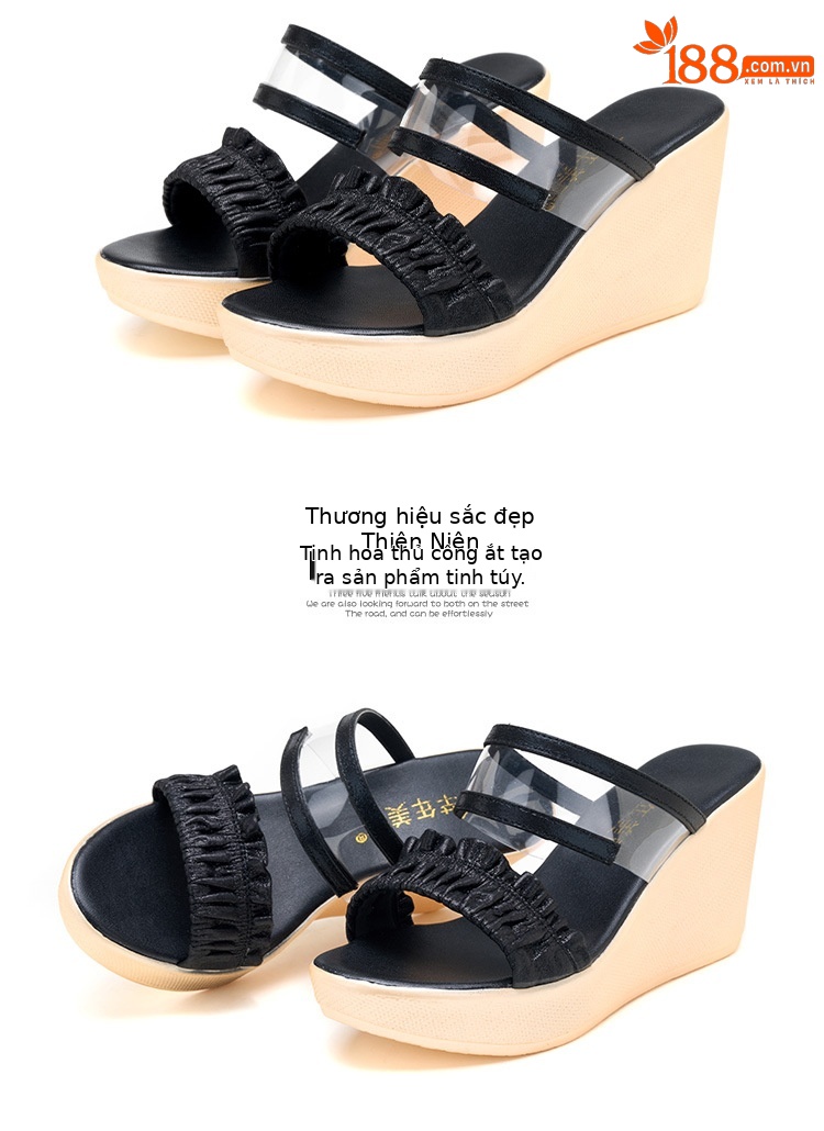 Dép sandal nữ đế xuồng cao trong suốt, mũi hở, gót 8 cm, đế dày, size lớn — Màu đen 8cm, Màu vàng 8cm chi tiết 14