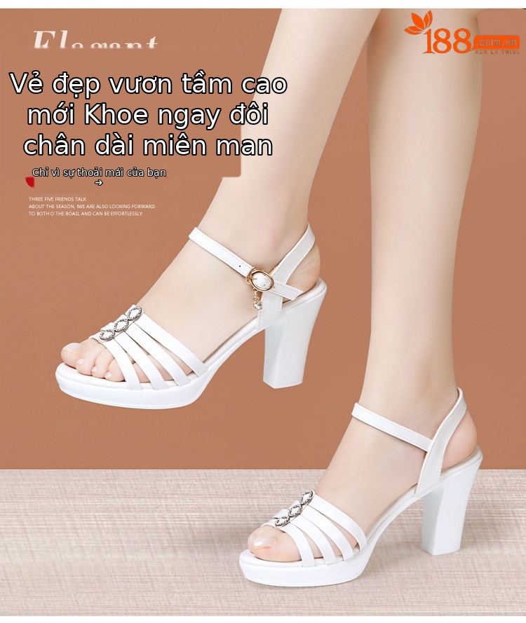 Sandal nữ gót trung bình mũi cá đế dày quai ngang hở mũi — Màu vàng kim 10CM, Đen 10CM, Trắng 10CM, Đen 8CM chi tiết 3