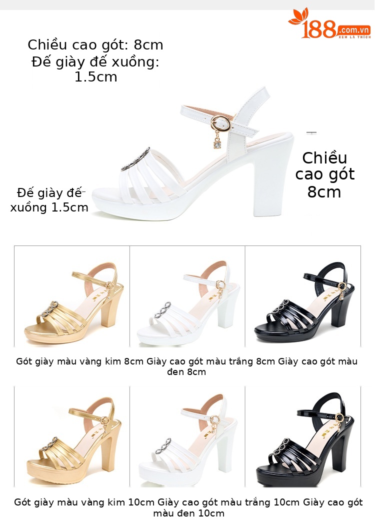 Sandal nữ gót trung bình mũi cá đế dày quai ngang hở mũi — Màu vàng kim 10CM, Đen 10CM, Trắng 10CM, Đen 8CM chi tiết 5