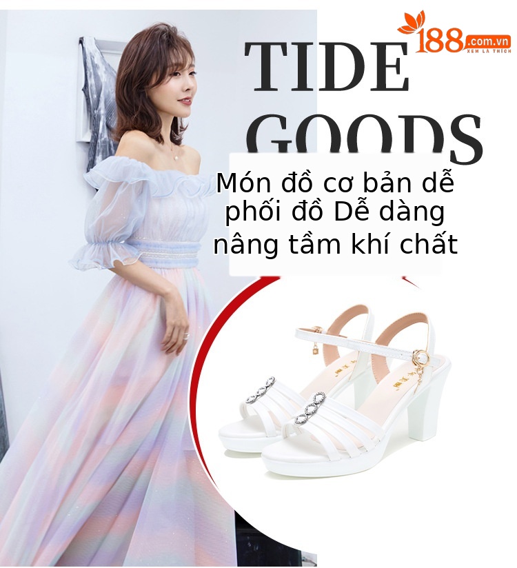 Sandal nữ gót trung bình mũi cá đế dày quai ngang hở mũi — Màu vàng kim 10CM, Đen 10CM, Trắng 10CM, Đen 8CM chi tiết 6