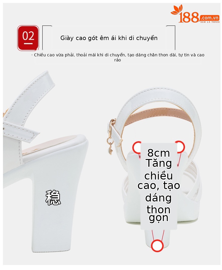 Sandal nữ gót trung bình mũi cá đế dày quai ngang hở mũi — Màu vàng kim 10CM, Đen 10CM, Trắng 10CM, Đen 8CM chi tiết 8