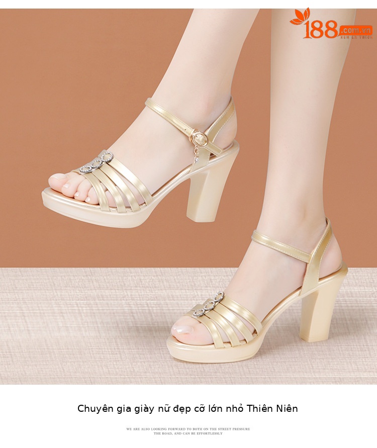 Sandal nữ gót trung bình mũi cá đế dày quai ngang hở mũi — Màu vàng kim 10CM, Đen 10CM, Trắng 10CM, Đen 8CM chi tiết 12