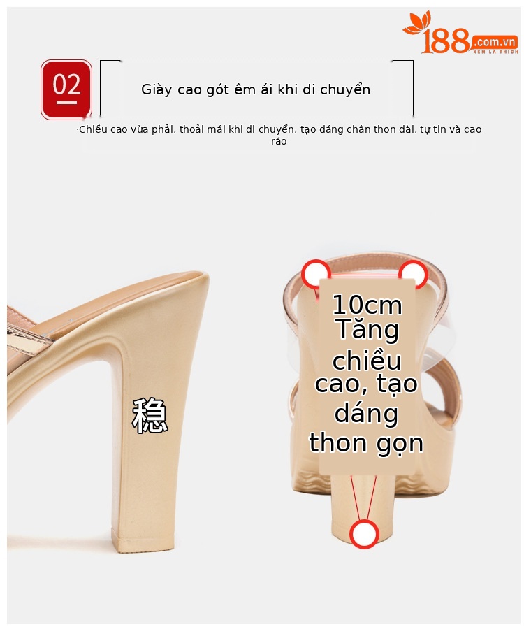 Dép sandal nữ xỏ ngón đế xuồng cao gót trong suốt thời trang mùa hè 2025, gót 10 cm — Đen (10CM), Vàng (10CM) chi tiết 8
