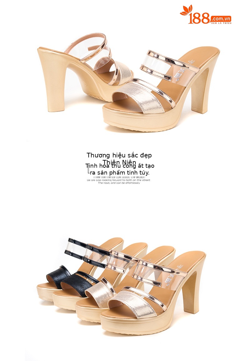Dép sandal nữ xỏ ngón đế xuồng cao gót trong suốt thời trang mùa hè 2025, gót 10 cm — Đen (10CM), Vàng (10CM) chi tiết 14