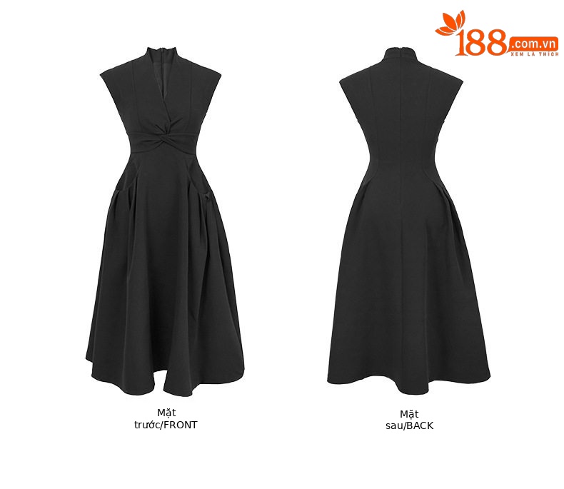 Đầm maxi nữ thắt eo cổ V tay ngắn có túi — [Đen] chi tiết 3