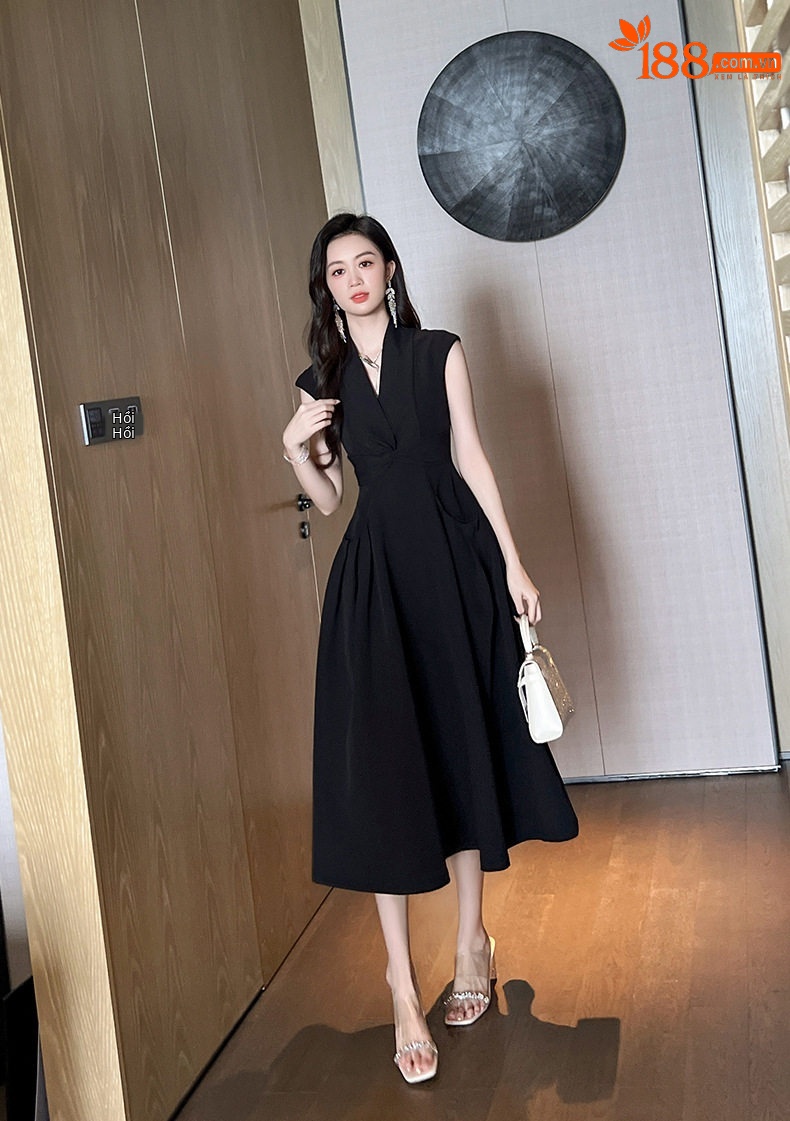 Đầm maxi nữ thắt eo cổ V tay ngắn có túi — [Đen] chi tiết 10