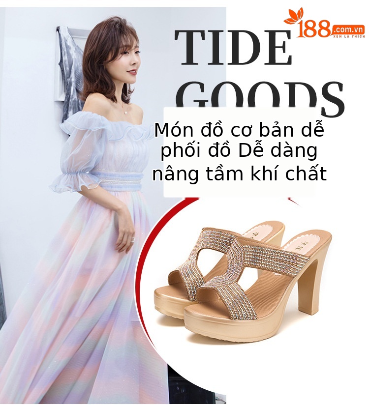Dép cao gót đế xuồng mũi hở đính đá nữ gót 10 cm — Đen 10CM, Màu vàng kim 10CM chi tiết 6