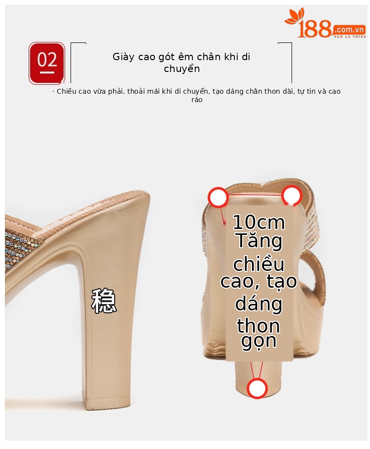 Dép cao gót đế xuồng mũi hở đính đá nữ gót 10 cm — Đen 10CM, Màu vàng kim 10CM chi tiết 8
