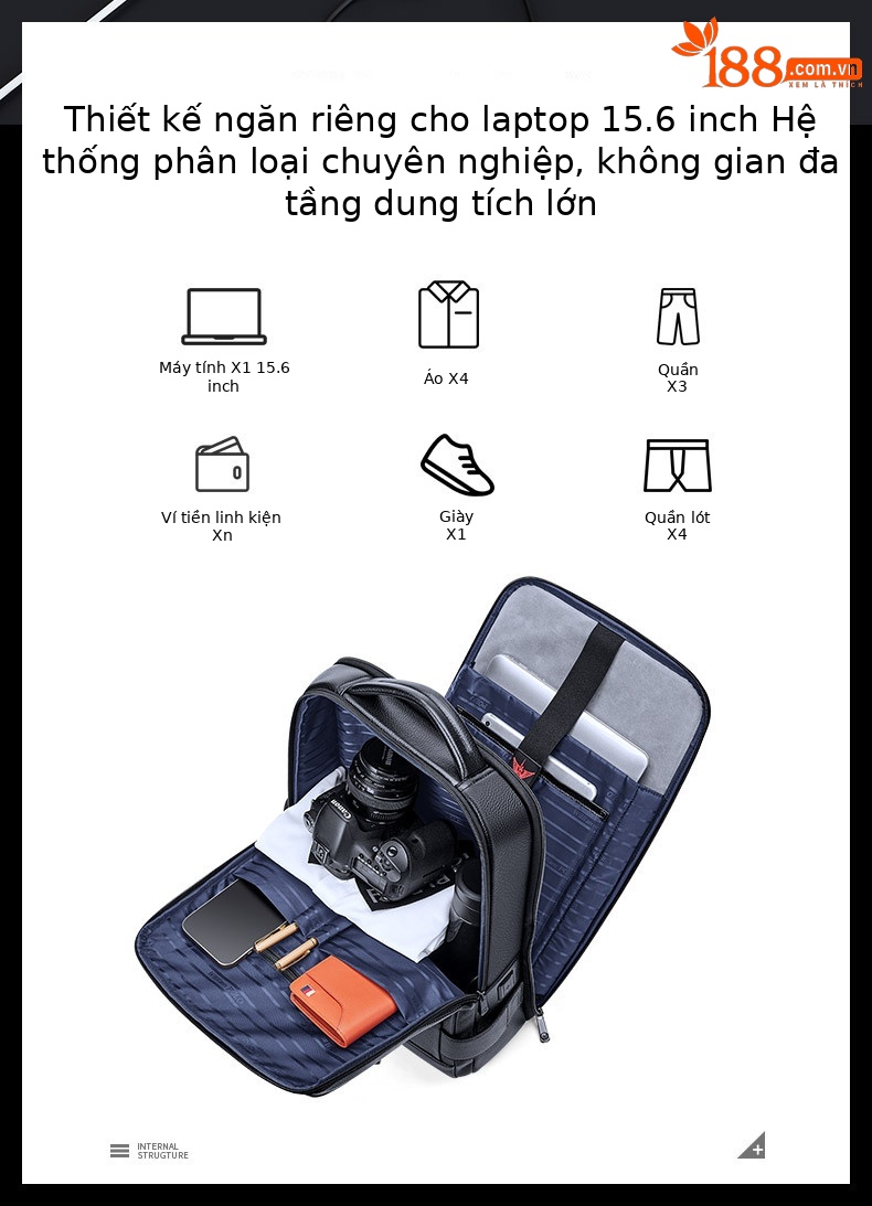 Ba lô da bò Emperor Paul dành cho nam, chứa laptop 15.6 inch, phong cách công sở thường ngày — Màu đen chi tiết 3