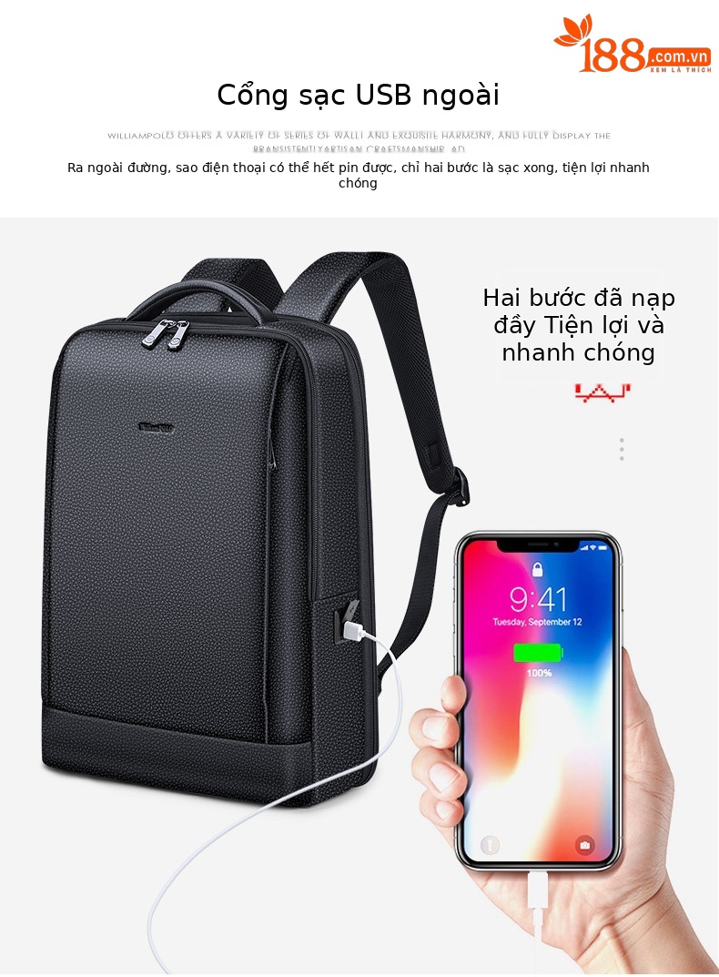 Ba lô da bò Emperor Paul dành cho nam, chứa laptop 15.6 inch, phong cách công sở thường ngày — Màu đen chi tiết 6