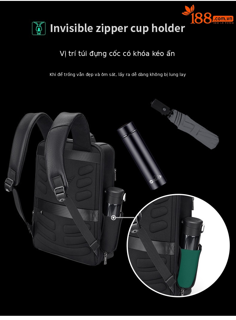 Ba lô da bò Emperor Paul dành cho nam, chứa laptop 15.6 inch, phong cách công sở thường ngày — Màu đen chi tiết 9