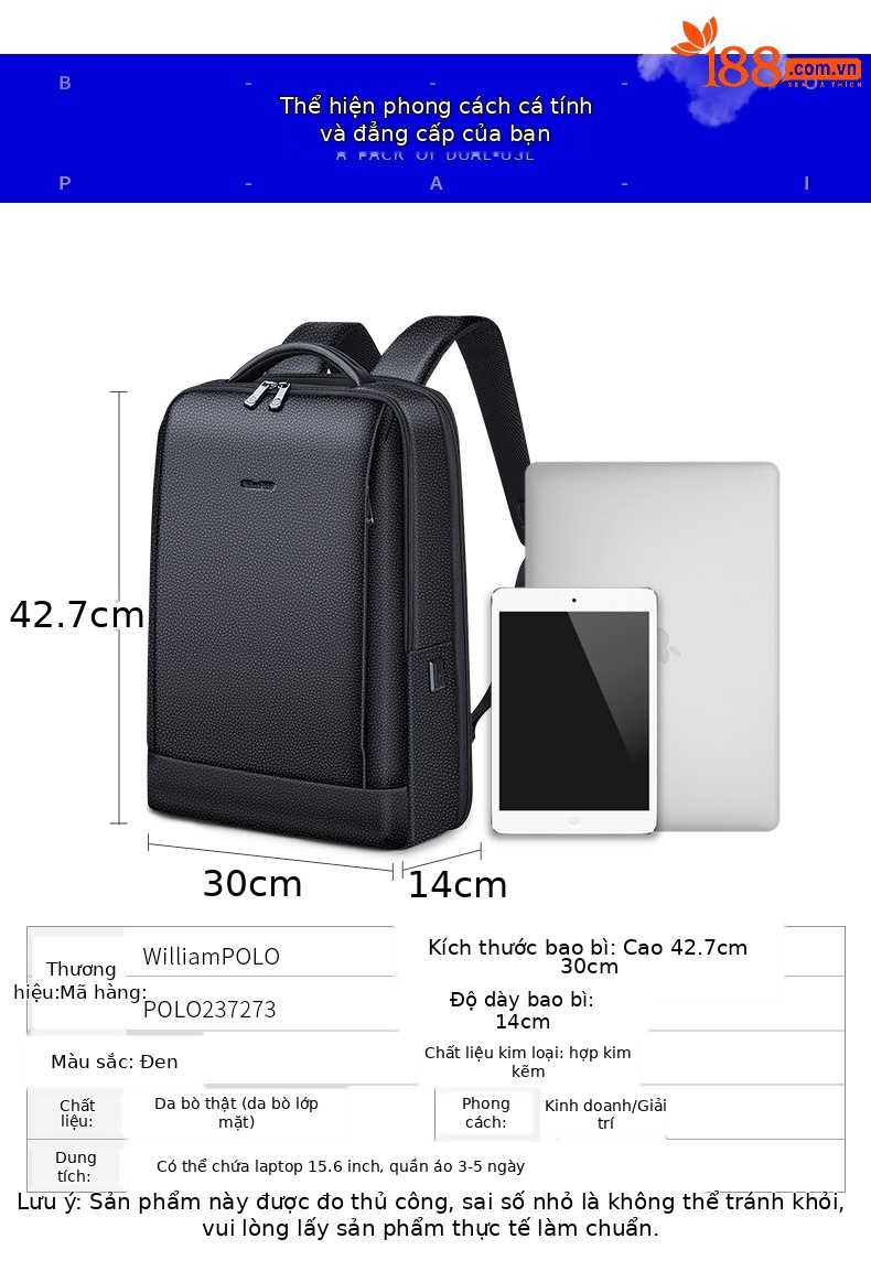 Ba lô da bò Emperor Paul dành cho nam, chứa laptop 15.6 inch, phong cách công sở thường ngày — Màu đen chi tiết 11