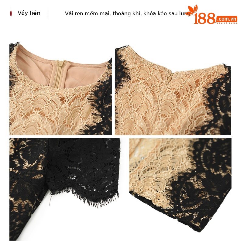Đầm ren dài tay cổ tròn phong cách Pháp ôm body — [Màu đen] chi tiết 2