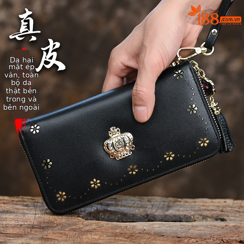 Ví cầm tay nữ da thật thủ công cao cấp, phong cách Trung Quốc, nhẹ nhàng, kích thước 20×2.5×10 cm — Màu vàng
