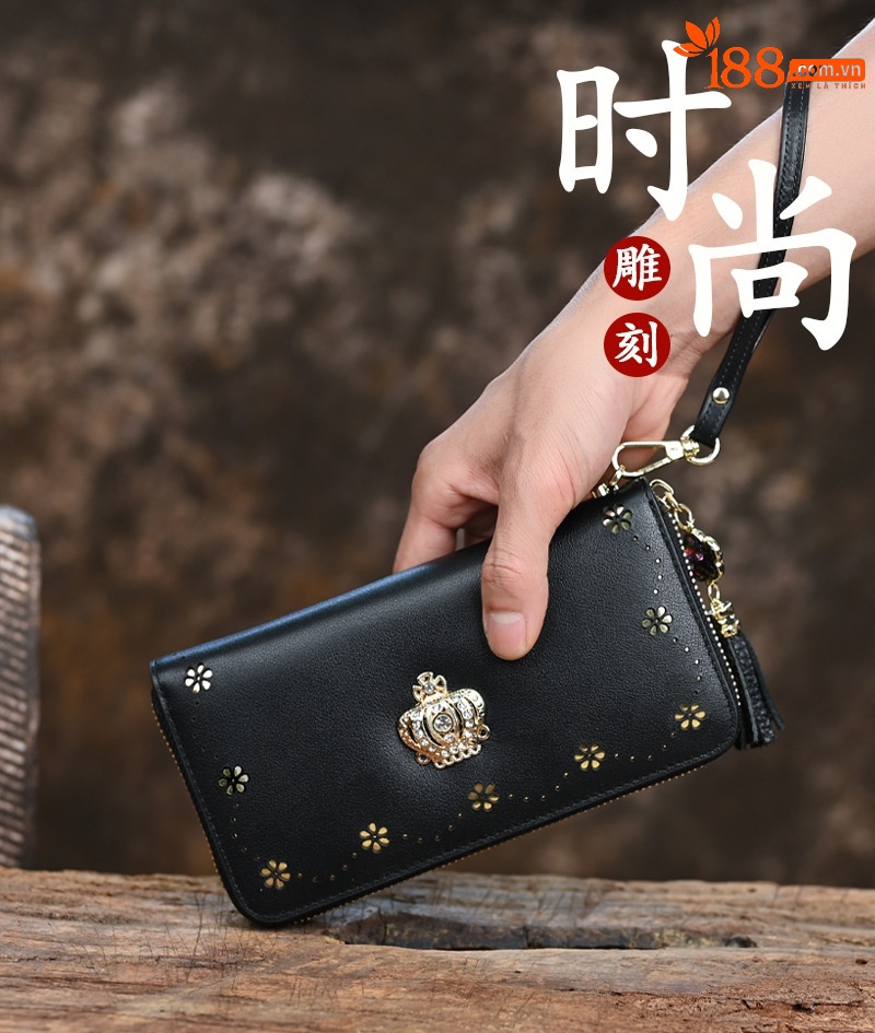Ví cầm tay nữ da thật thủ công cao cấp, phong cách Trung Quốc, nhẹ nhàng, kích thước 20×2.5×10 cm — Màu vàng chi tiết 1