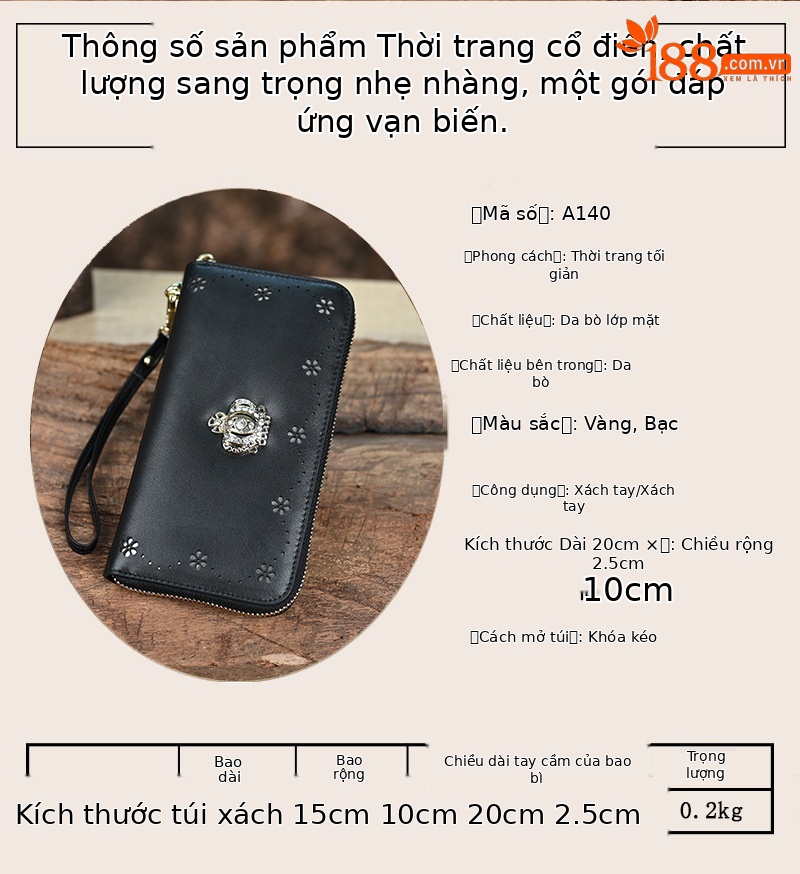 Ví cầm tay nữ da thật thủ công cao cấp, phong cách Trung Quốc, nhẹ nhàng, kích thước 20×2.5×10 cm — Màu vàng chi tiết 2
