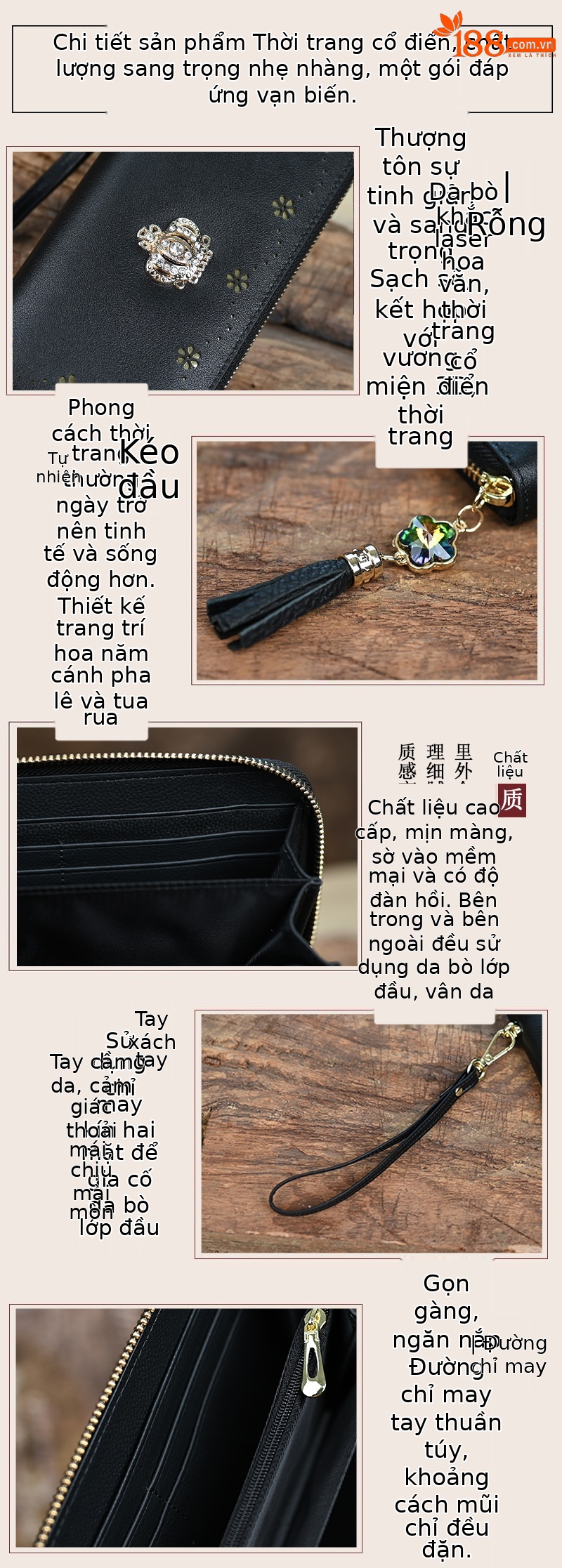 Ví cầm tay nữ da thật thủ công cao cấp, phong cách Trung Quốc, nhẹ nhàng, kích thước 20×2.5×10 cm — Màu vàng chi tiết 8