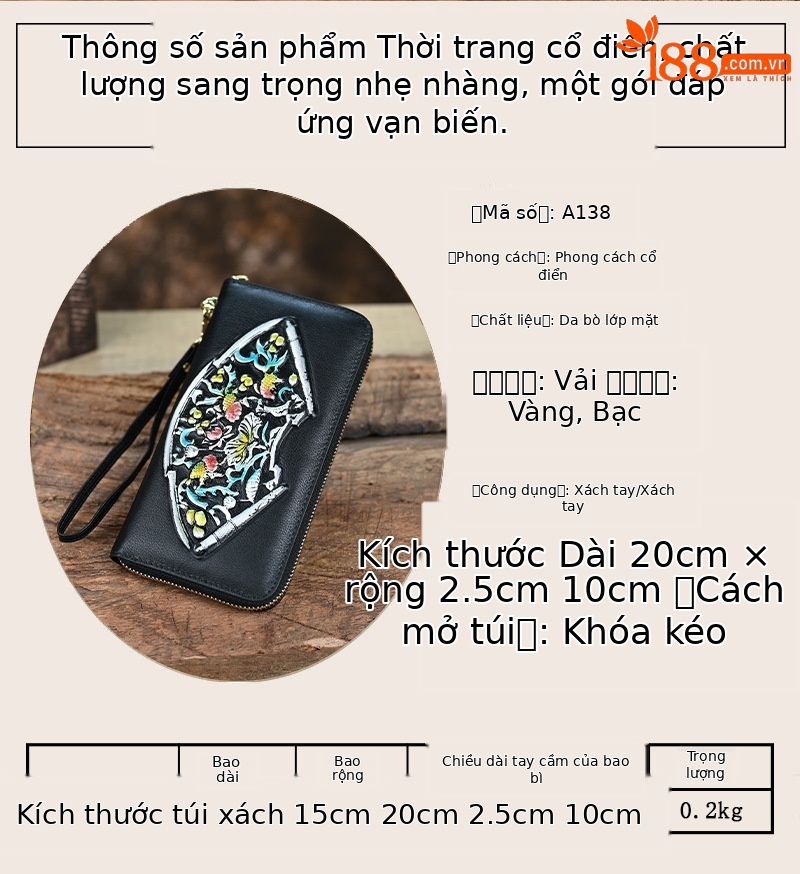 Ví cầm tay nữ da thật dáng dài dập nổi nhiều ngăn thẻ — Màu vàng chi tiết 2