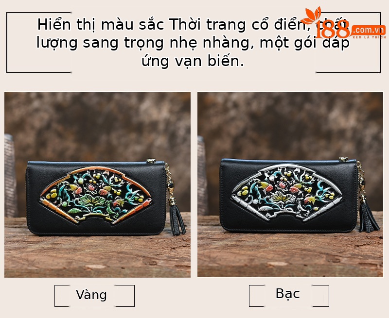 Ví cầm tay nữ da thật dáng dài dập nổi nhiều ngăn thẻ — Màu vàng chi tiết 5