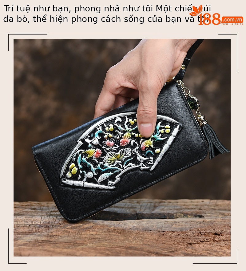 Ví cầm tay nữ da thật dáng dài dập nổi nhiều ngăn thẻ — Màu vàng chi tiết 6