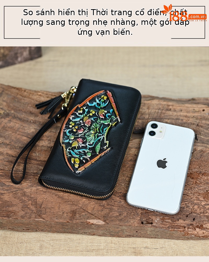 Ví cầm tay nữ da thật dáng dài dập nổi nhiều ngăn thẻ — Màu vàng chi tiết 8