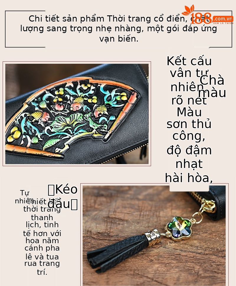 Ví cầm tay nữ da thật dáng dài dập nổi nhiều ngăn thẻ — Màu vàng chi tiết 10