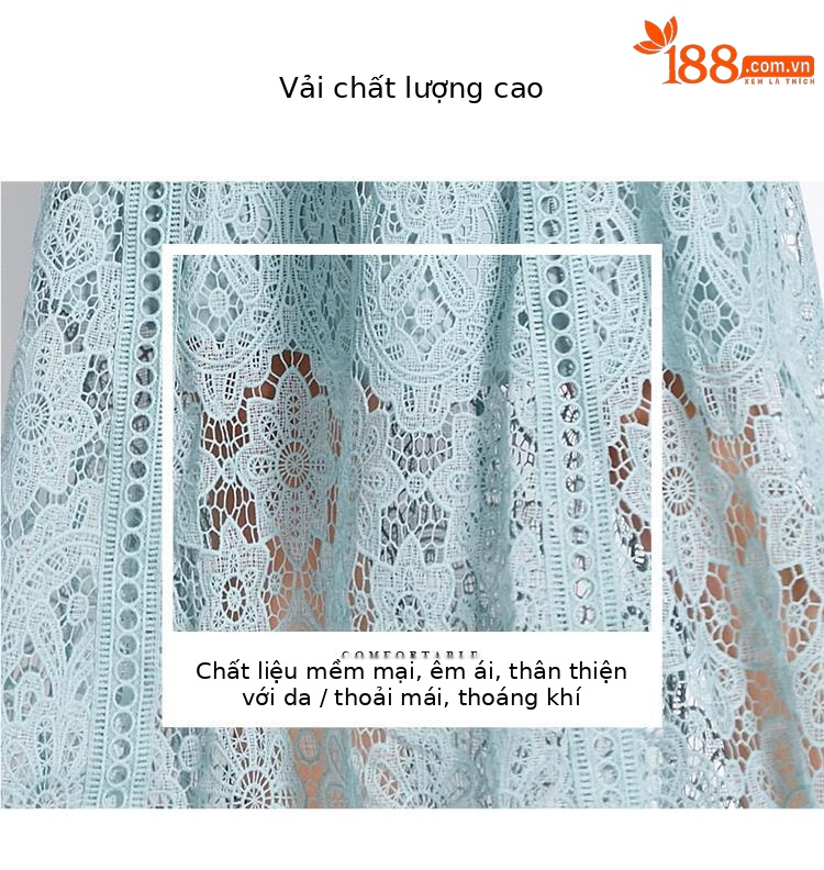 Váy ren tay lá sen cổ tròn dài thanh lịch thon gọn mùa hè — Màu xanh lam nhạt, Màu xanh đậu, Màu tím chi tiết 5